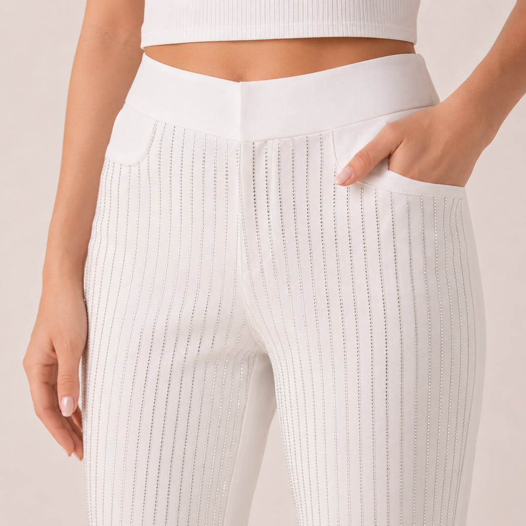 Women's Pristine White Textured Pinstripe Cropped Trousers-2