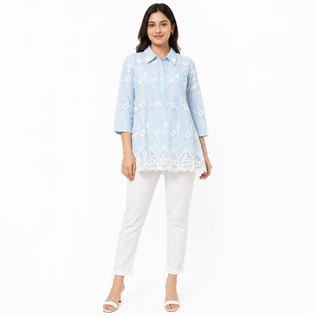 Women's Sky Blue Embroidered Tunic Top | Collared 3/4 Sleeve Lace Hem Casual Kurti-1