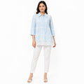 Women's Sky Blue Embroidered Tunic Top | Collared 3/4 Sleeve Lace Hem Casual Kurti-1