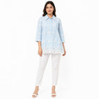 Women's Sky Blue Embroidered Tunic Top | Collared 3/4 Sleeve Lace Hem Casual Kurti-1