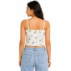 Women's Cream Floral Printed Sleeveless Spaghetti Strap Handkerchief Hem Crop Top for Casual Wear-4