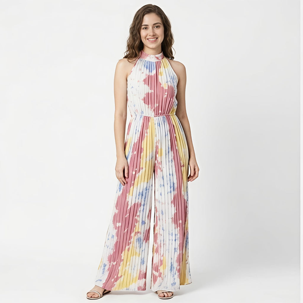 Women's Pastel Abstract Print Pleated Jumpsuit-1