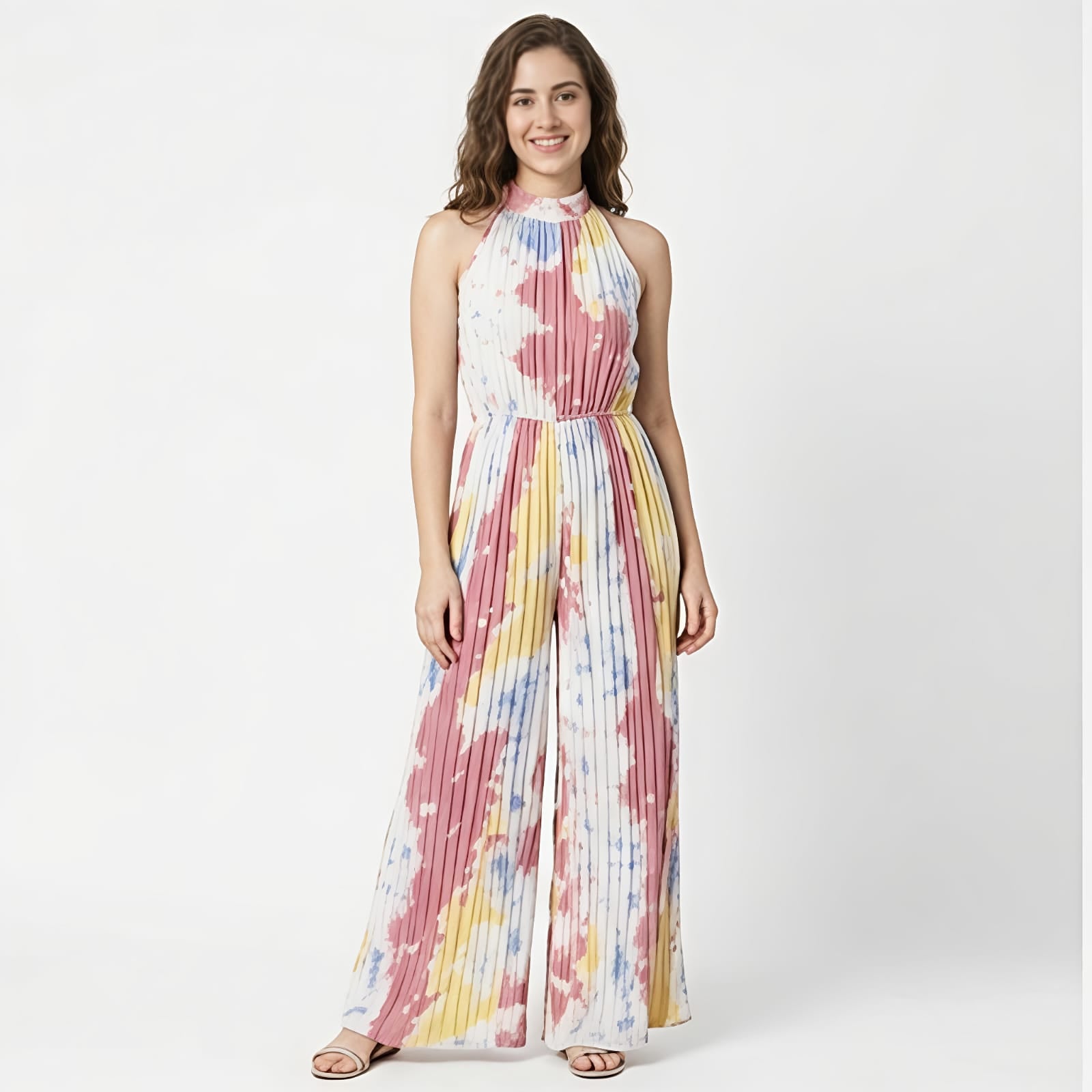 Women's Pastel Abstract Print Pleated Jumpsuit-1