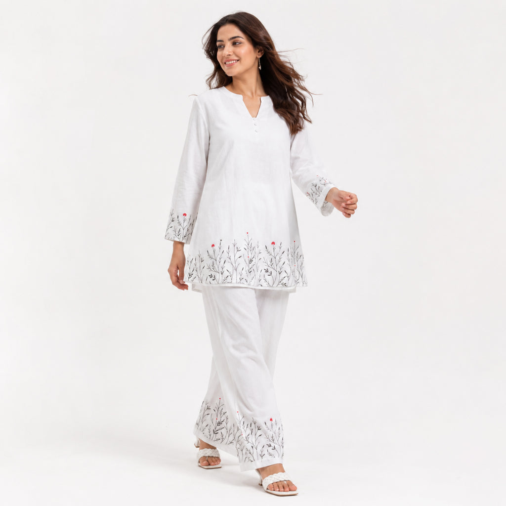 Women's Elegant White Embroidered Co-ord Kurta Set-3