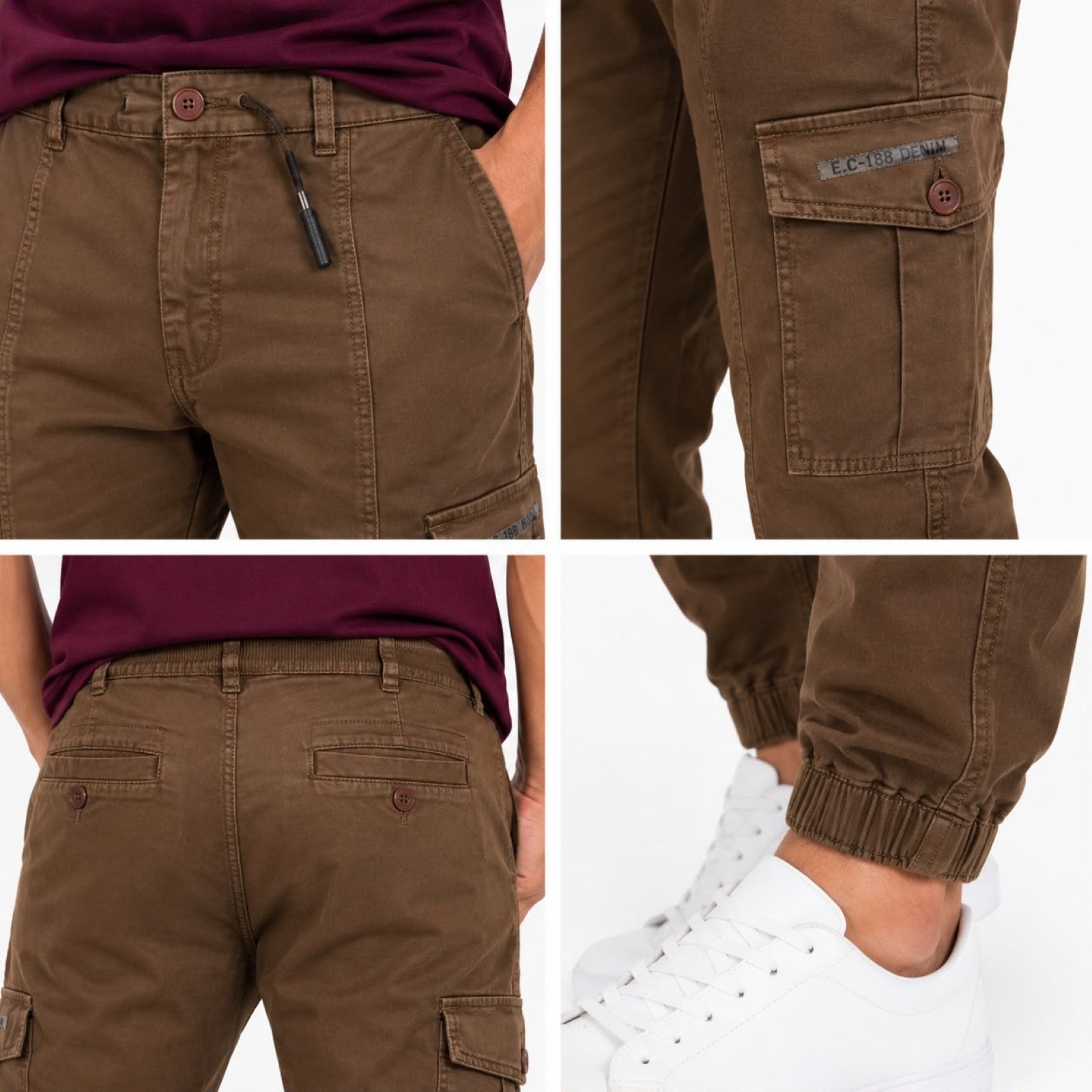 Men's Brown Utility Cargo Jogger Pants with Elastic Cuffs-2