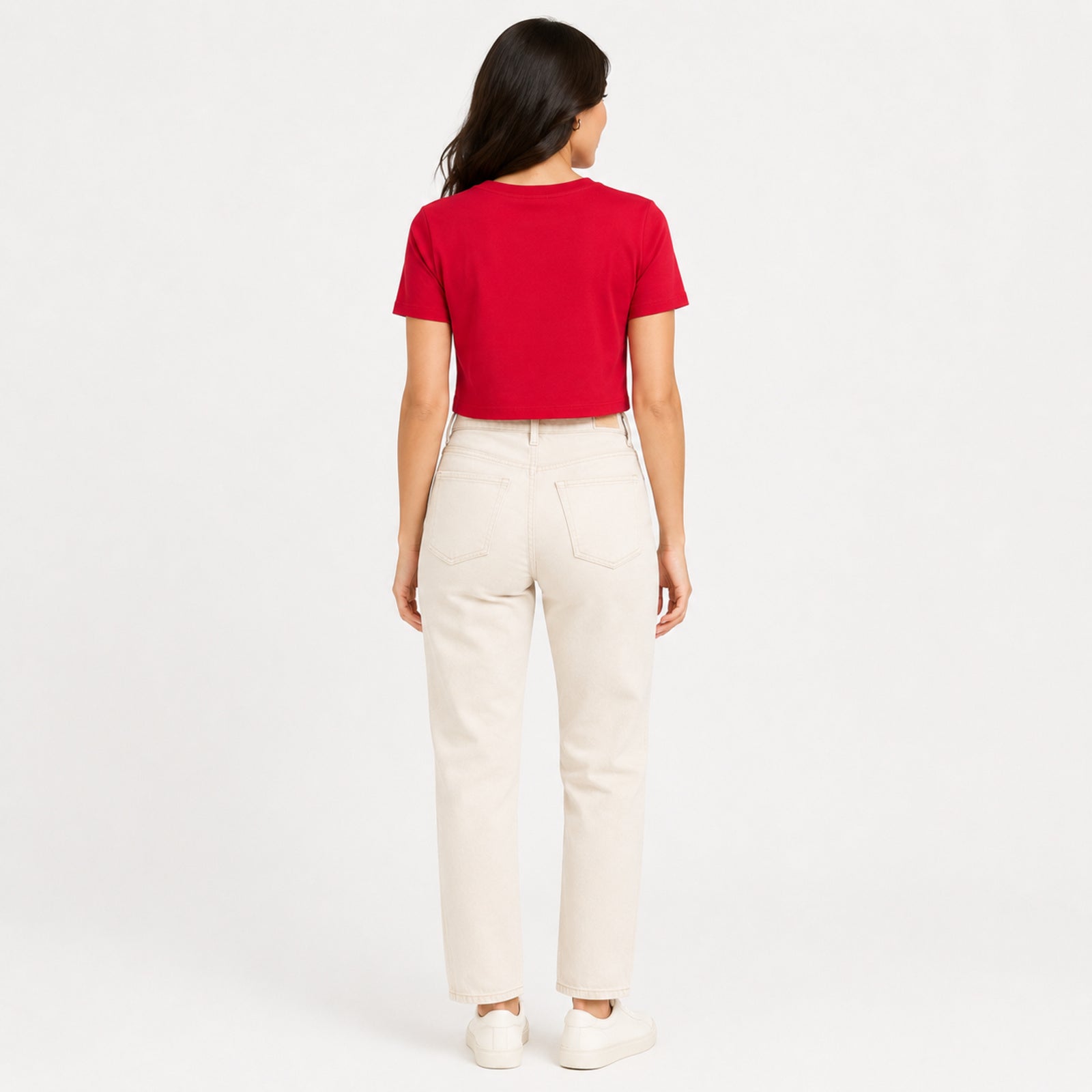 Women's Red Crew Neck Short Sleeve Boxy Crop T-Shirt | Solid Casual Crop Tee-4