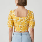 Women's Yellow Floral Printed Puff Sleeve Crop Top-4