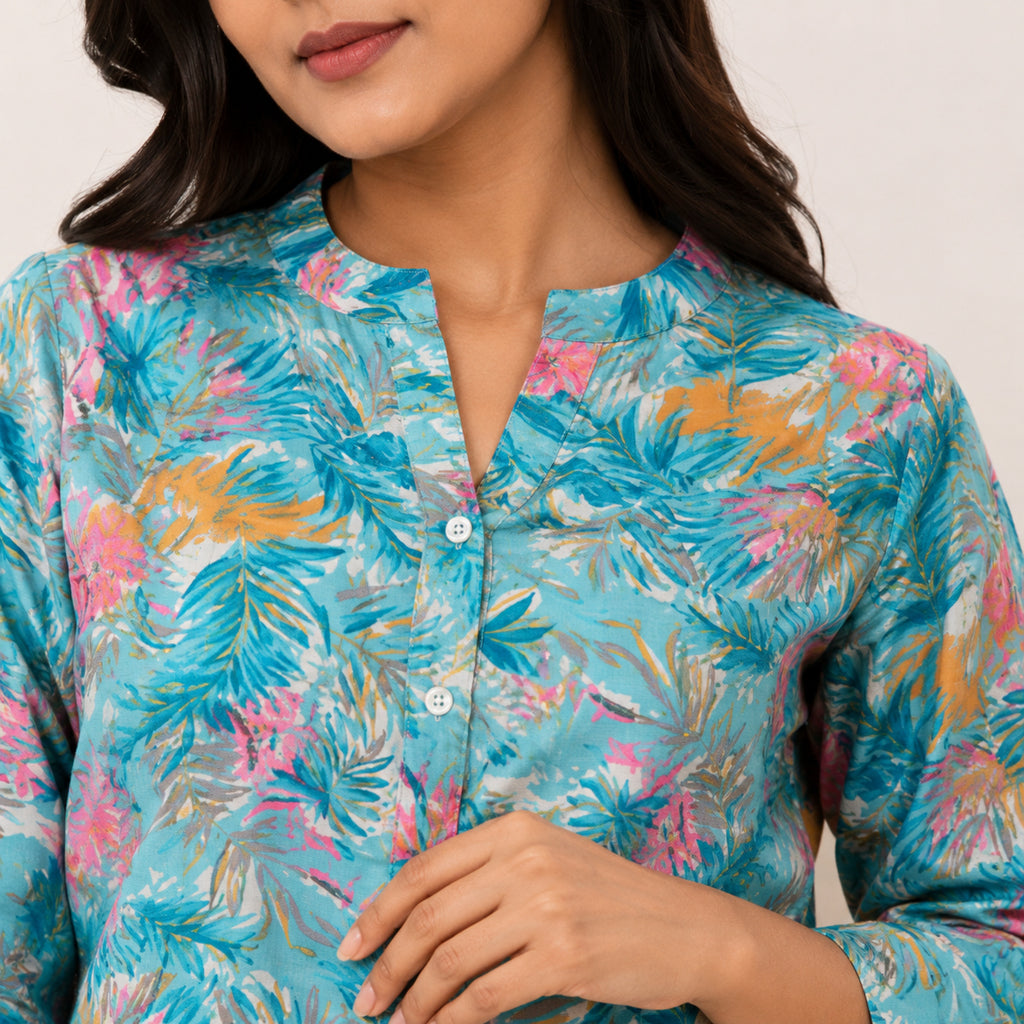 Women's Sky Blue Tropical Printed Night Suit Co-Ord Set-4