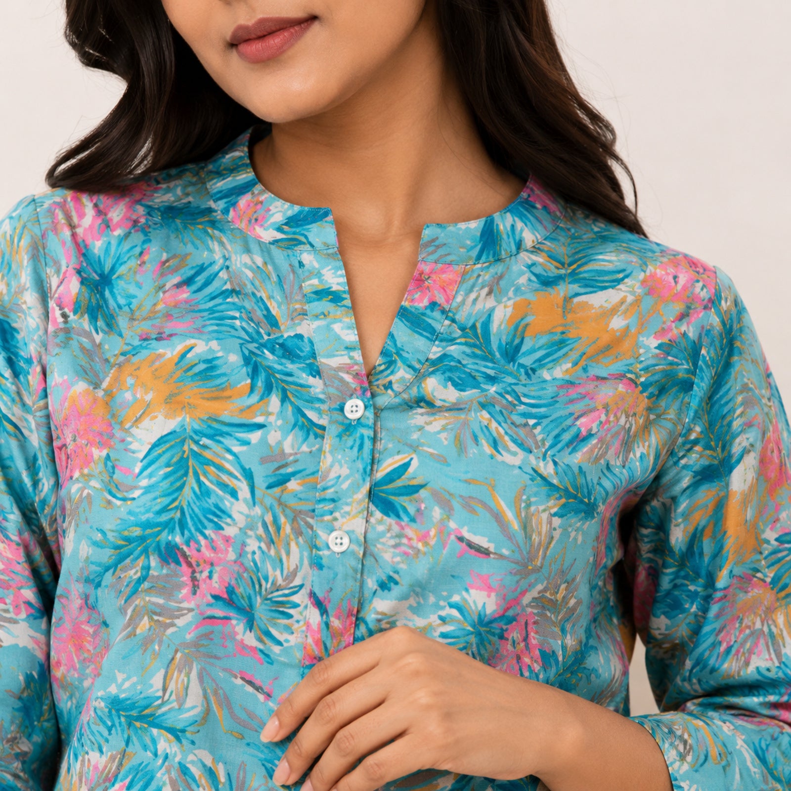 Women's Sky Blue Tropical Printed Night Suit Co-Ord Set-4