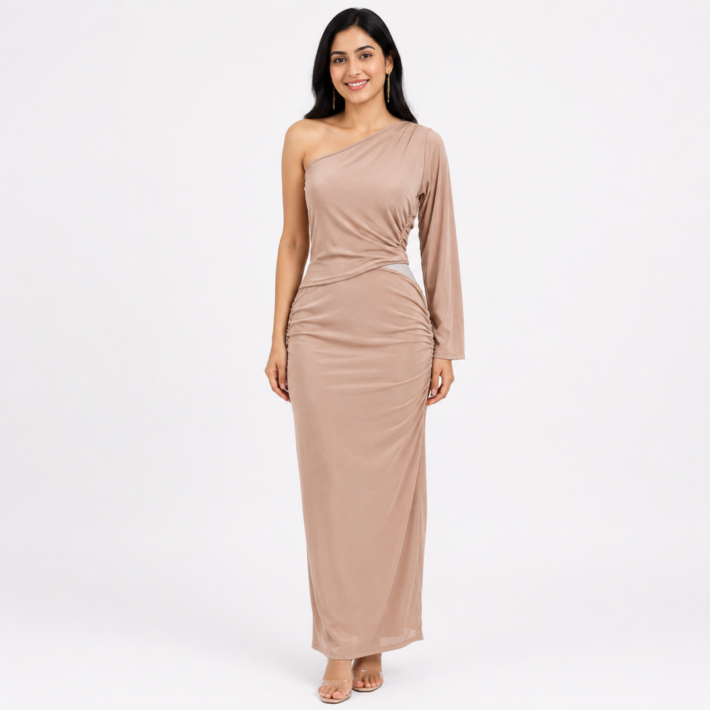 Women's Peach One Shoulder Ruched Bodycon Maxi Dress-2