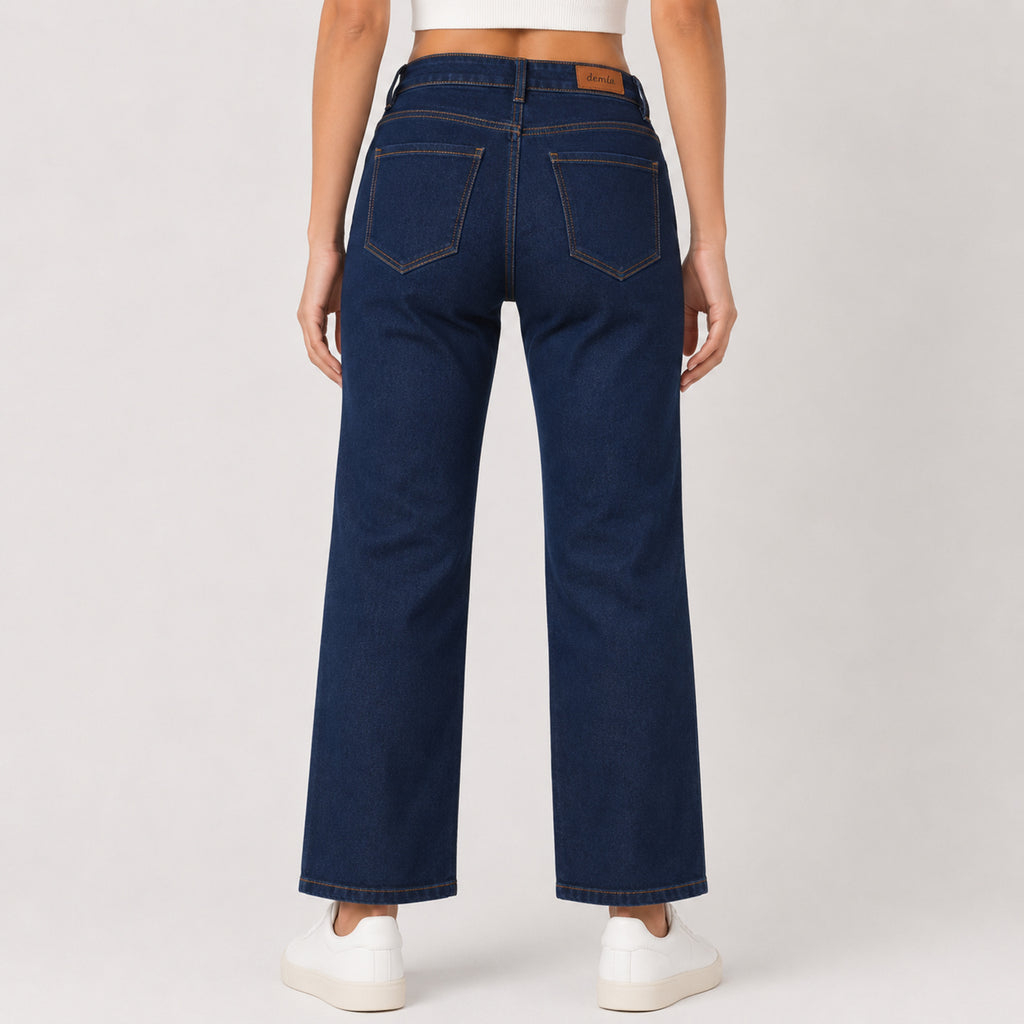 Women's Dark Blue Wide Leg Denim Jeans-4