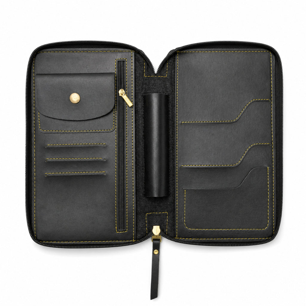 Women's Elegant Luxury Smooth Black Leather Zippered Clutch Wallet and Travel Organizer-1