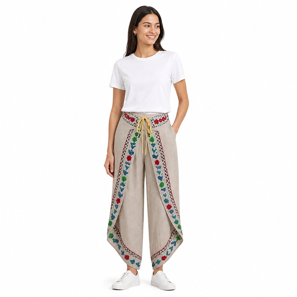 Beige Bloom Draped Wrap Trousers-1