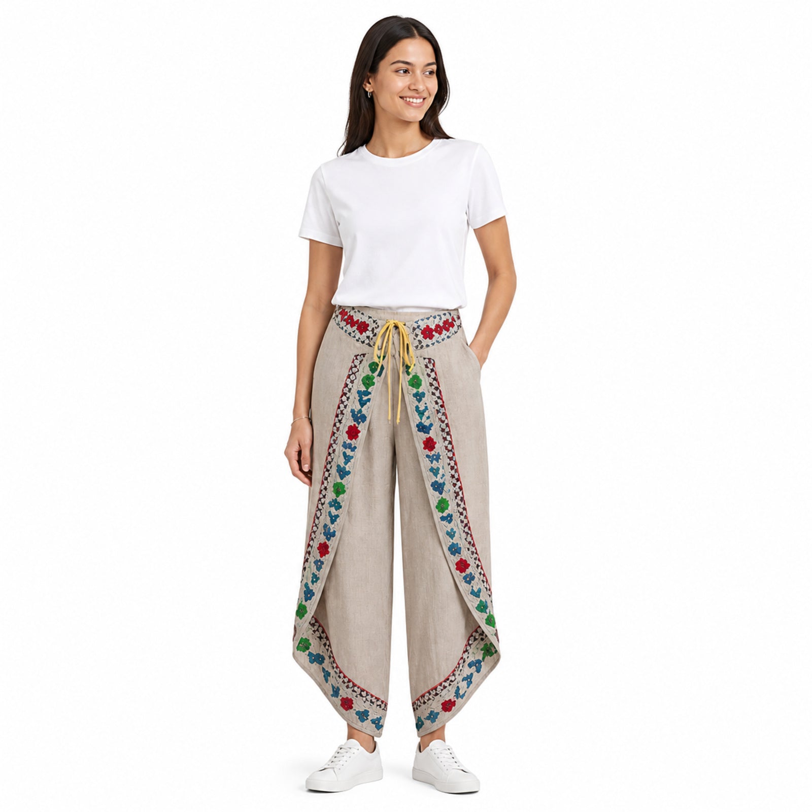 Beige Bloom Draped Wrap Trousers-1