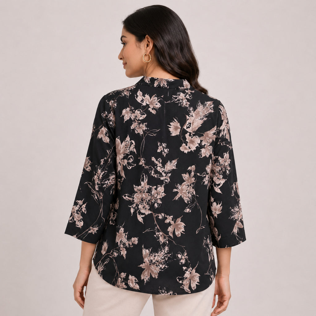 Women's Elegant Floral Sketch Tie-Neck Tunic Top-4