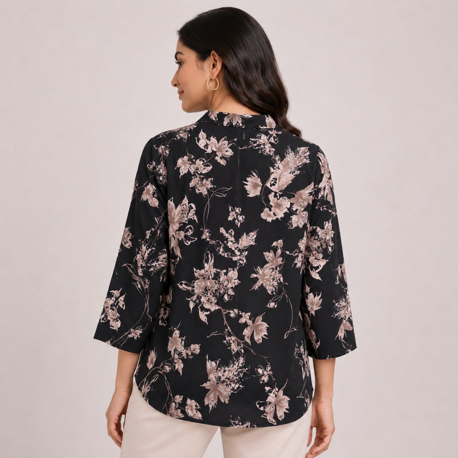 Women's Elegant Floral Sketch Tie-Neck Tunic Top-4