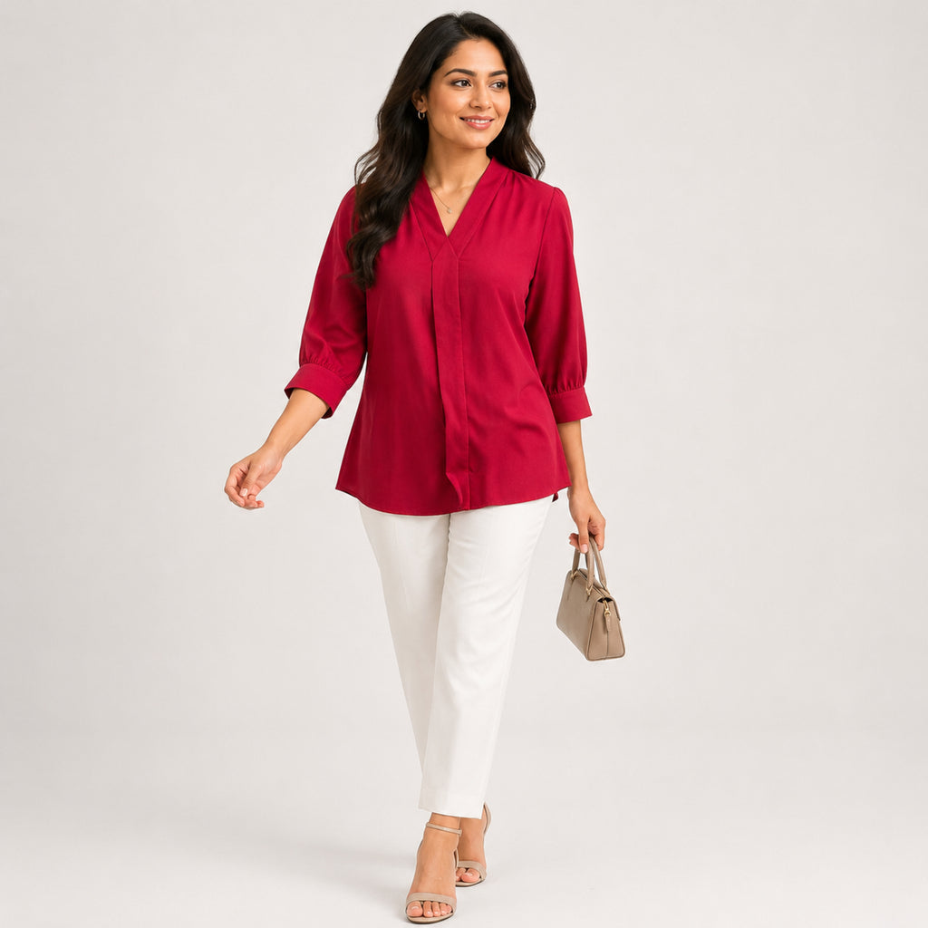 Women's Red V-Neck Puff Sleeve Solid Top | Elegant Office Wear Casual Fashion Blouse-4