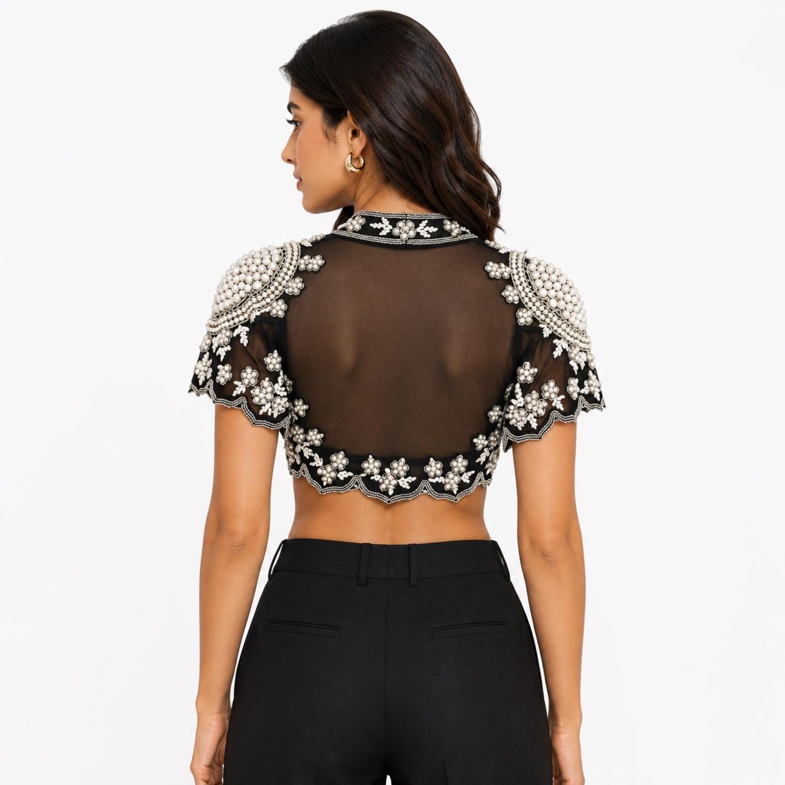 Women's Obsidian Nocturne Hand-Embellished Pearl and Sequin Cape-Style Crop Top-3