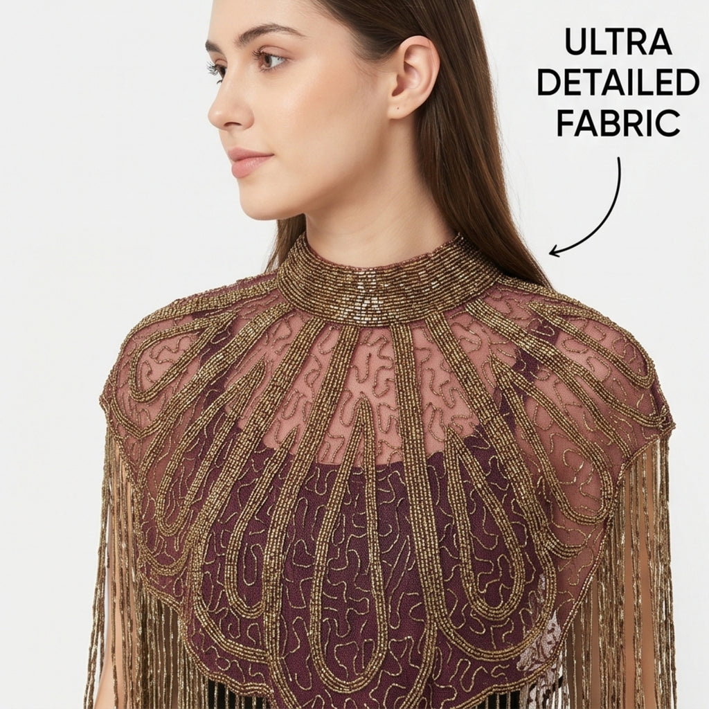 Women's Elegant Hand-Embroidered Mock Neck Maroon Cape with Metallic Fringe Tassel-2