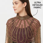 Women's Elegant Hand-Embroidered Mock Neck Maroon Cape with Metallic Fringe Tassel-2