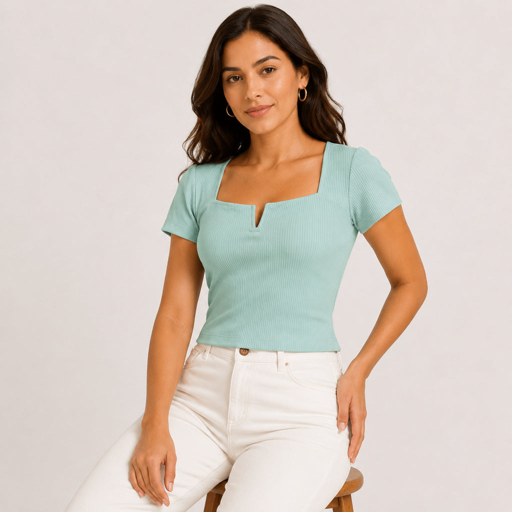 Women's Mint Green Ribbed Square Neck Top-1