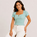 Women's Mint Green Ribbed Square Neck Top-1