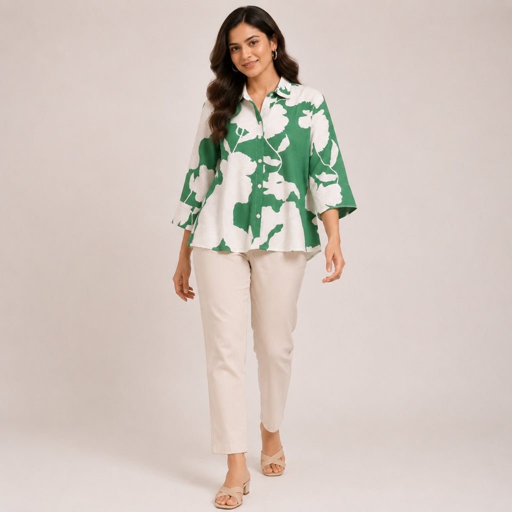 Women's Vibrant Green Bold Floral Print Button-Down Top-1