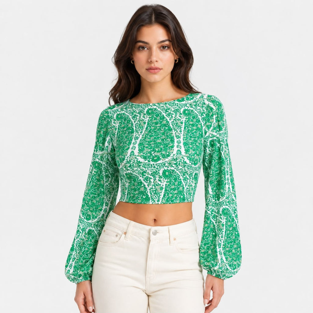 Women's Green Paisley Print Long Sleeve Crop Top-1