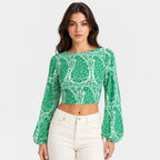 Women's Green Paisley Print Long Sleeve Crop Top-1