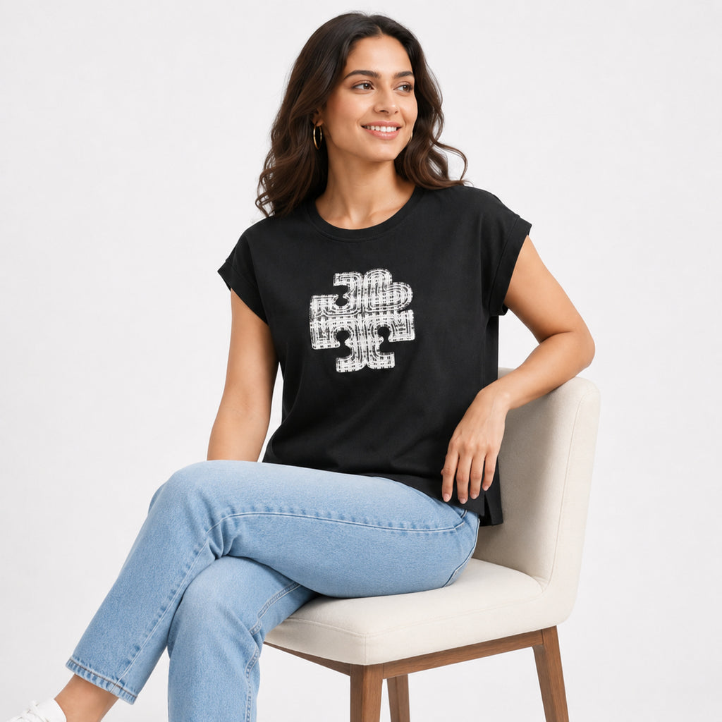 Women's Black Graphic Print Relaxed Fit T-Shirt | Premium Casual Cotton Top-2