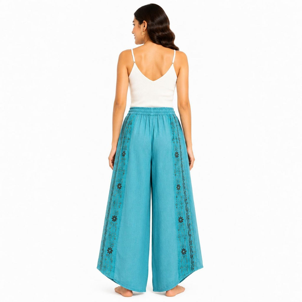 Women's Light Blue Embroidered Wide Leg Palazzo Pants with Drawstring Waist-1