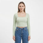 Women's Pista Green Ribbed Full Sleeve Crop Top-1