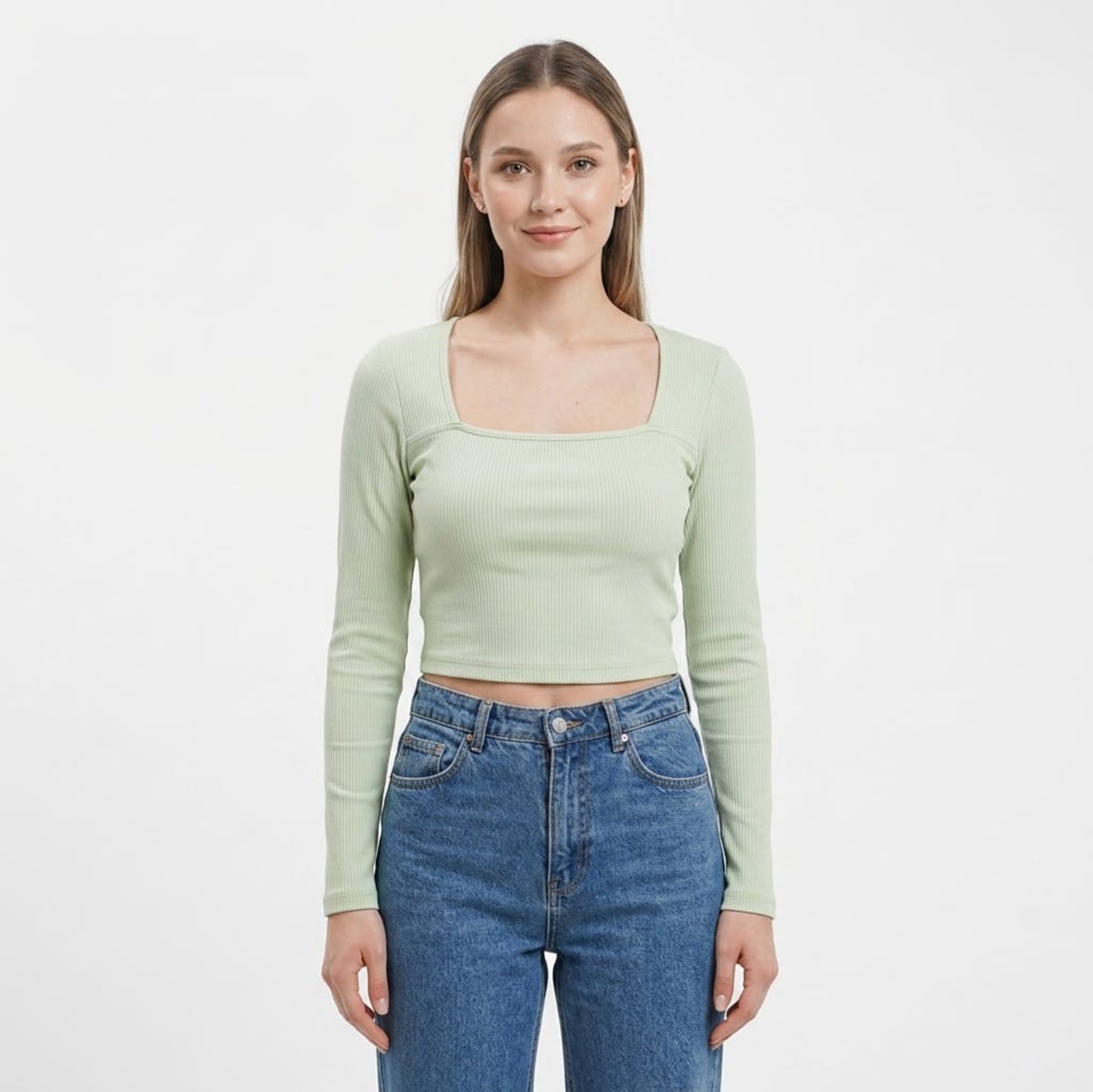 Women's Pista Green Ribbed Full Sleeve Crop Top-1