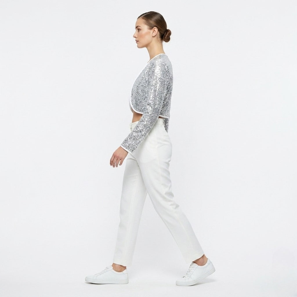 Women's Silver Sequin Open Front Party Shrug-4