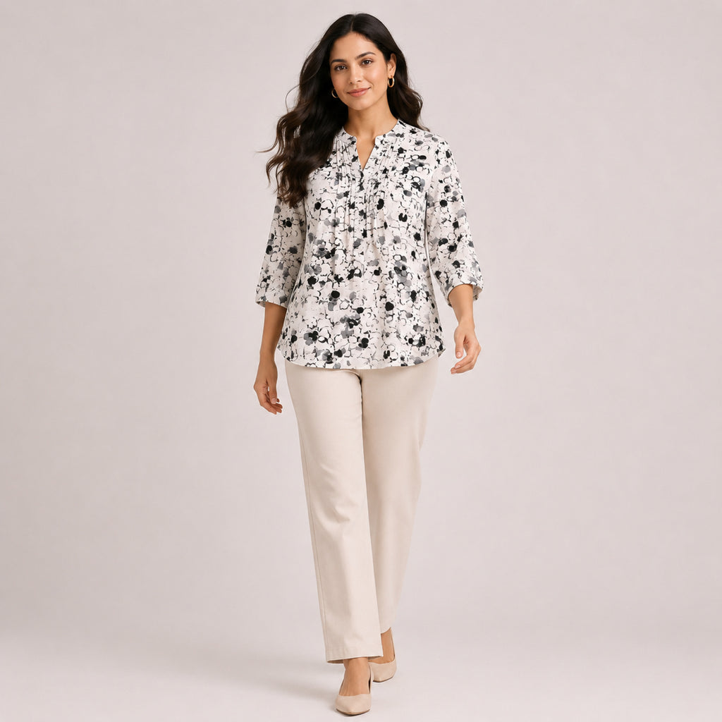 Women's Elegant Monochrome Abstract Speckled Pintuck Tunic Top-1