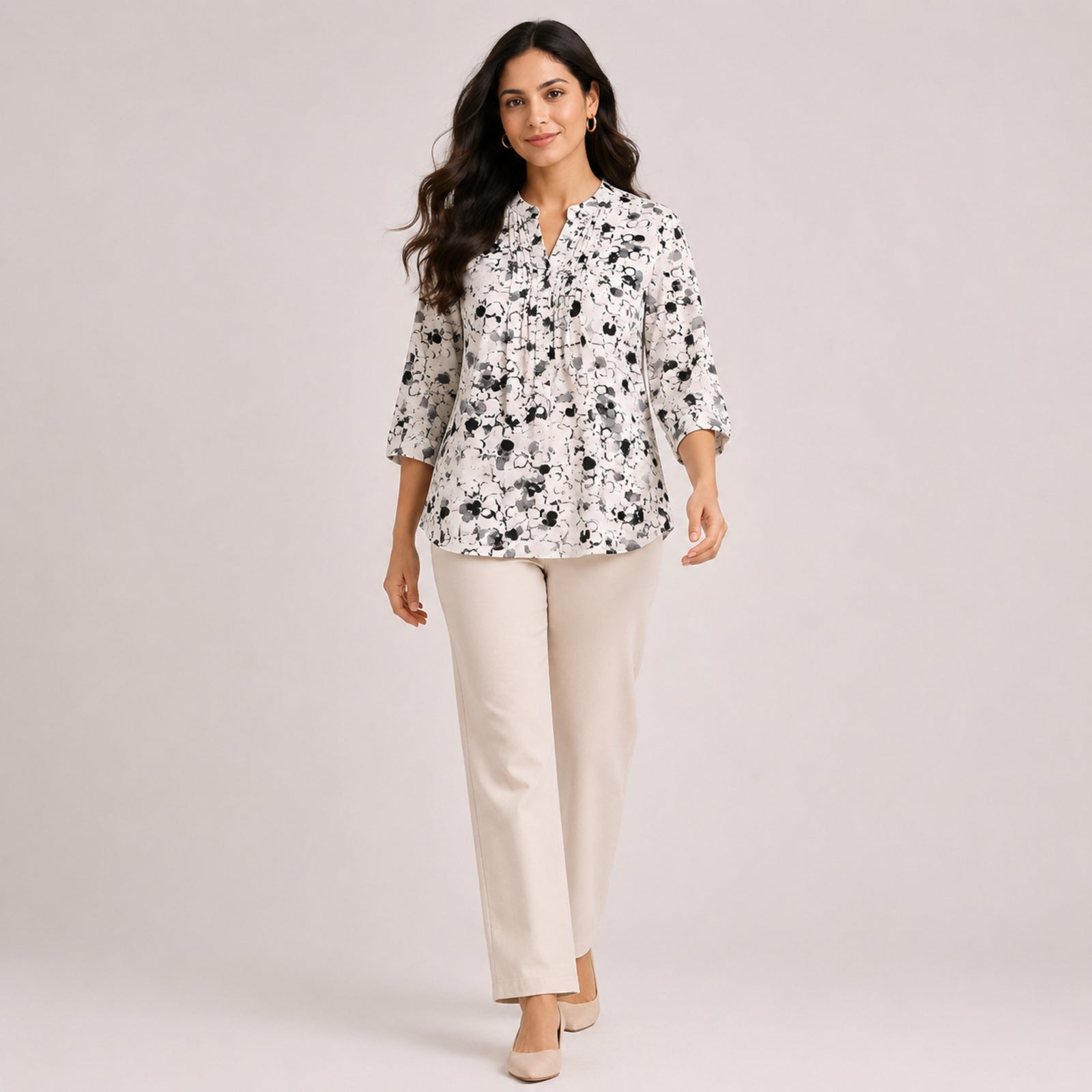 Women's Elegant Monochrome Abstract Speckled Pintuck Tunic Top-1