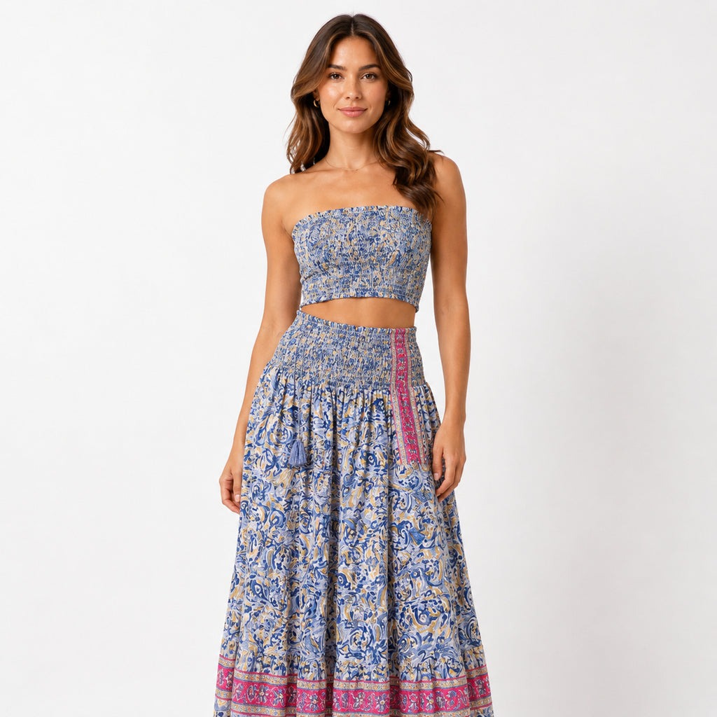 Women's Bohemian Chic Festive Blue Floral Off-Shoulder Tube Crop Top and Skirt Set-1