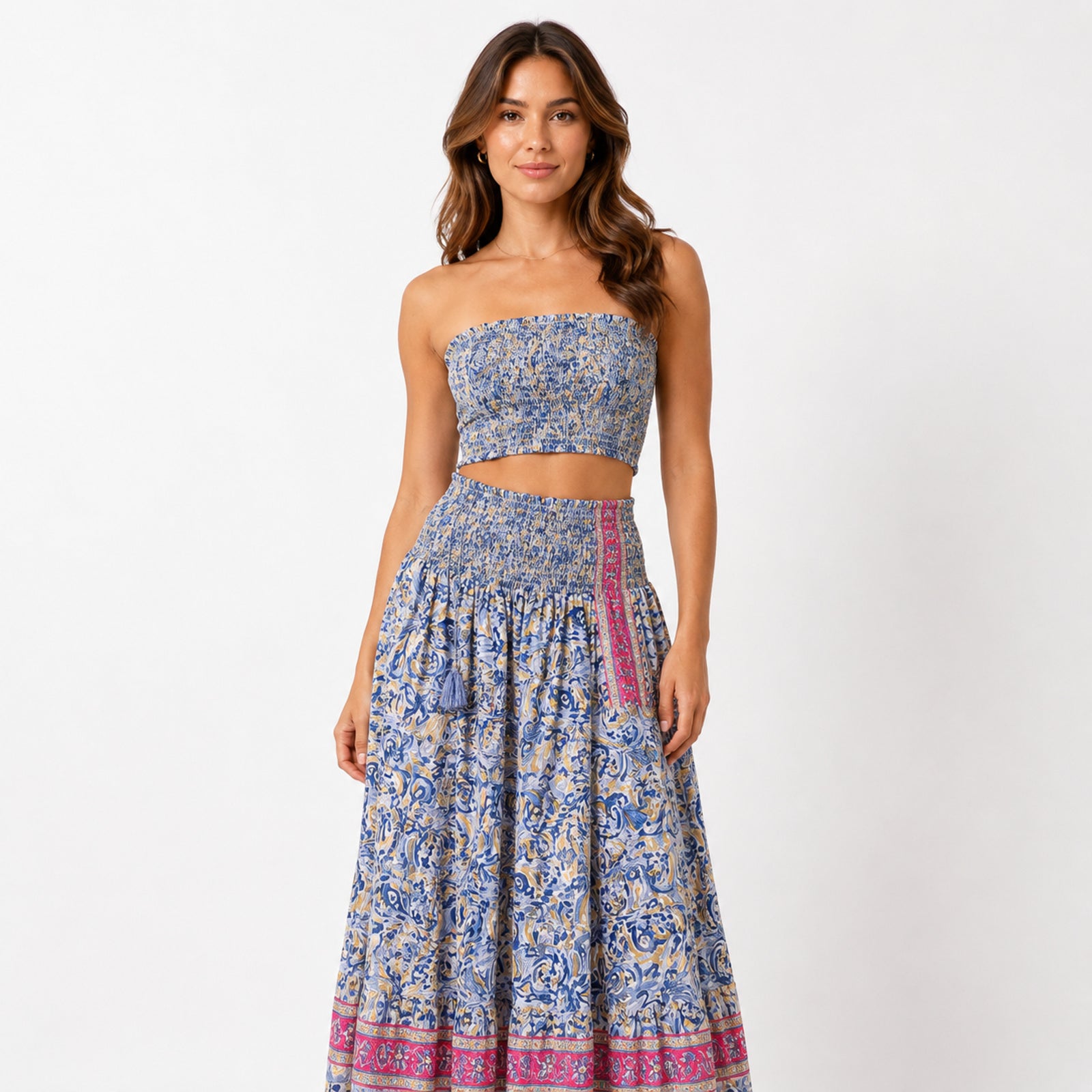 Women's Bohemian Chic Festive Blue Floral Off-Shoulder Tube Crop Top and Skirt Set-1