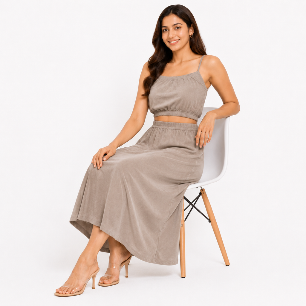Women's Peach Sleeveless Co-Ord Set | Crop Top & High-Waist Maxi Skirt Two-Piece Outfit-2