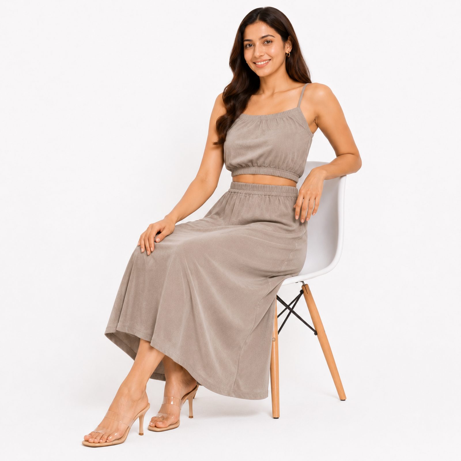 Women's Peach Sleeveless Co-Ord Set | Crop Top & High-Waist Maxi Skirt Two-Piece Outfit-2