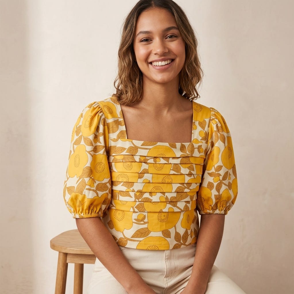 Women's Yellow Floral Printed Puff Sleeve Crop Top-2