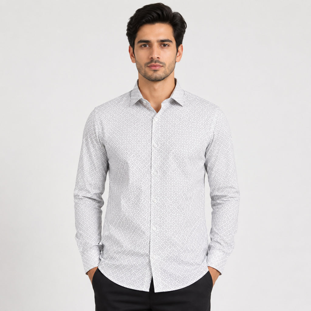 Men's Luxe White Geometric Print Formal Shirt-1