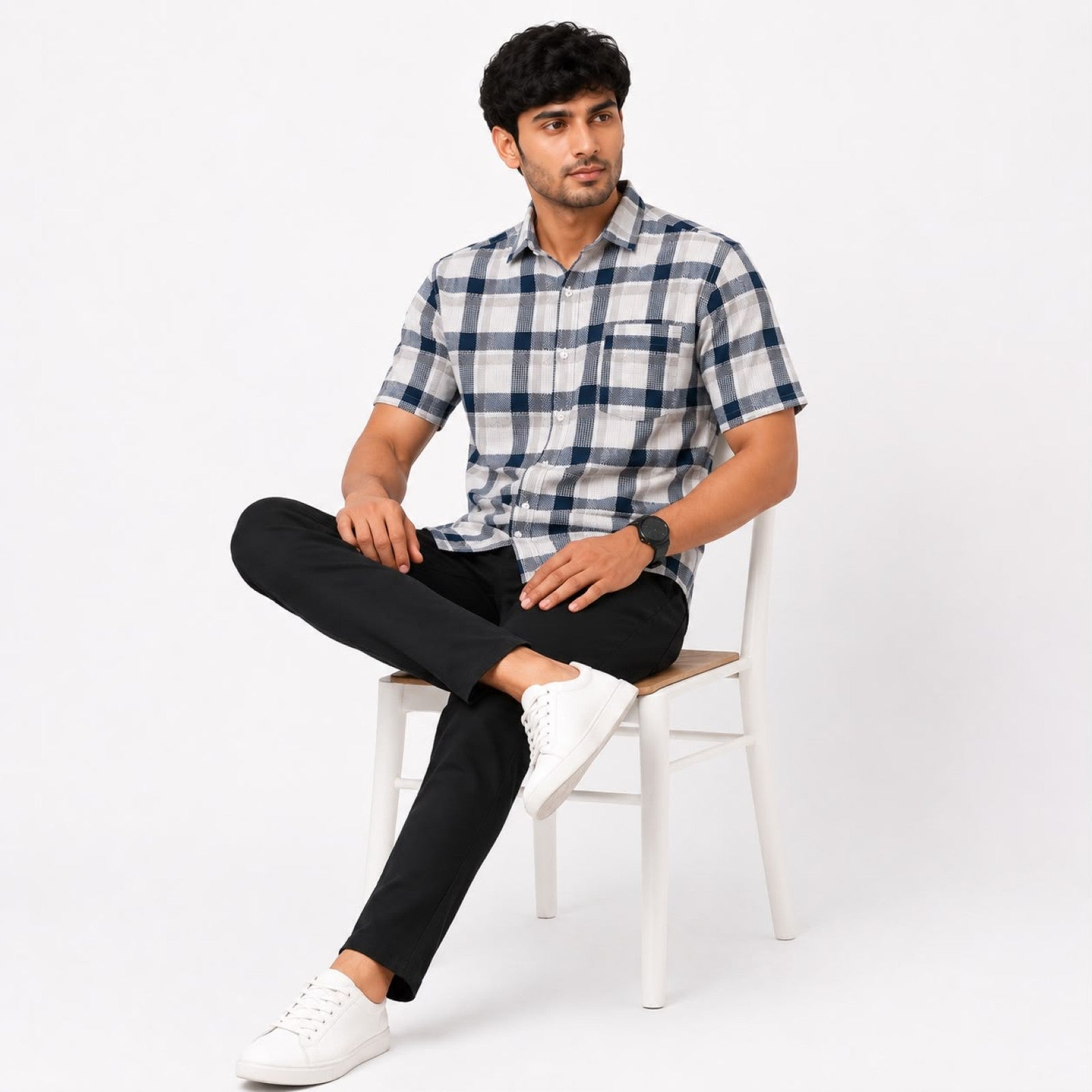 Men's White & Dark Grey Checked Half Sleeve Casual Shirt-1