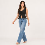 Women's Luxury Ruched Front Ribbed Black Crop Top with Lettuce Edge Trims-3