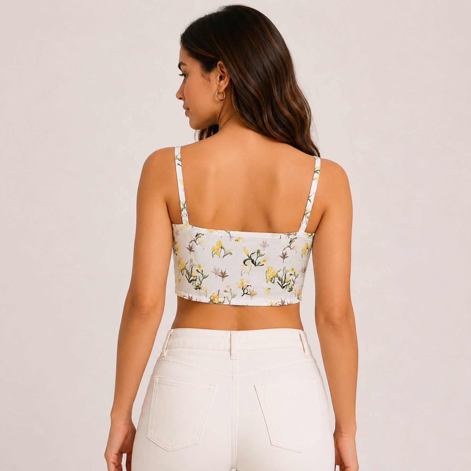 Women's White Floral Print Spaghetti Strap Crop Top-4