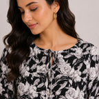 Women's Charming Monochrome Floral Print Keyhole Tunic Top-2