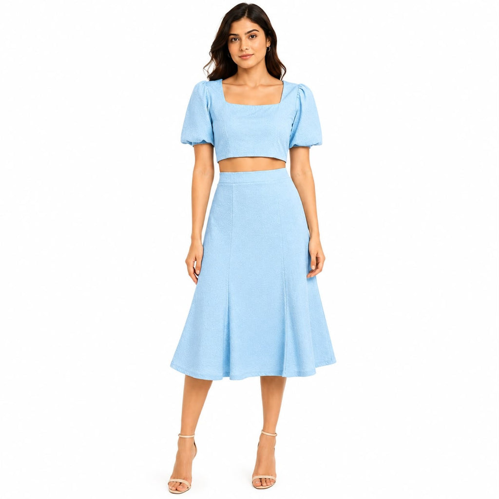 Women's Smoke Blue Puff Sleeve Crop Top & Midi Skirt Co-Ord Set-1