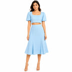 Women's Smoke Blue Puff Sleeve Crop Top & Midi Skirt Co-Ord Set-1