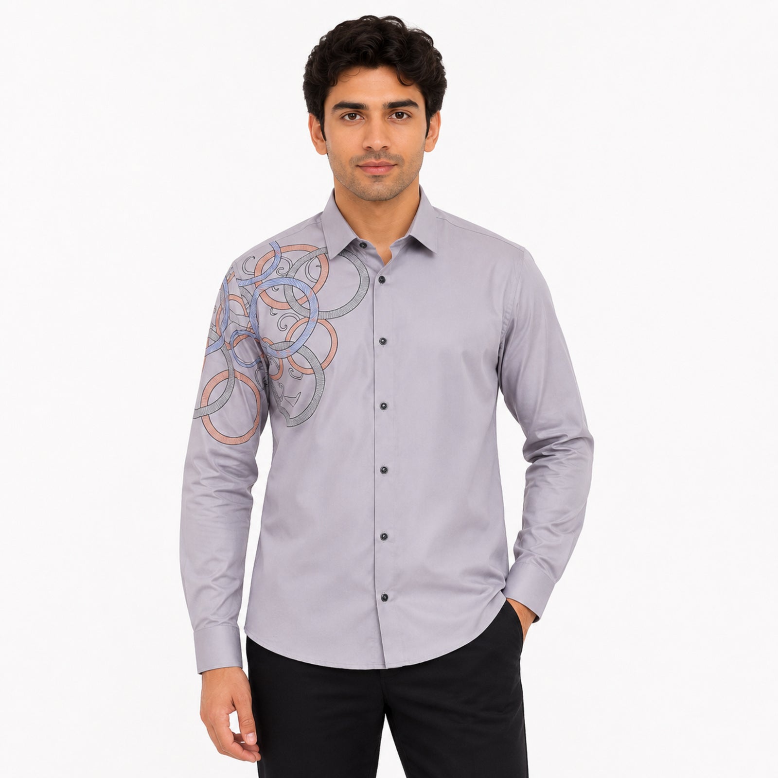 Men's Light Grey Printed Slim Fit Formal Shirt-2