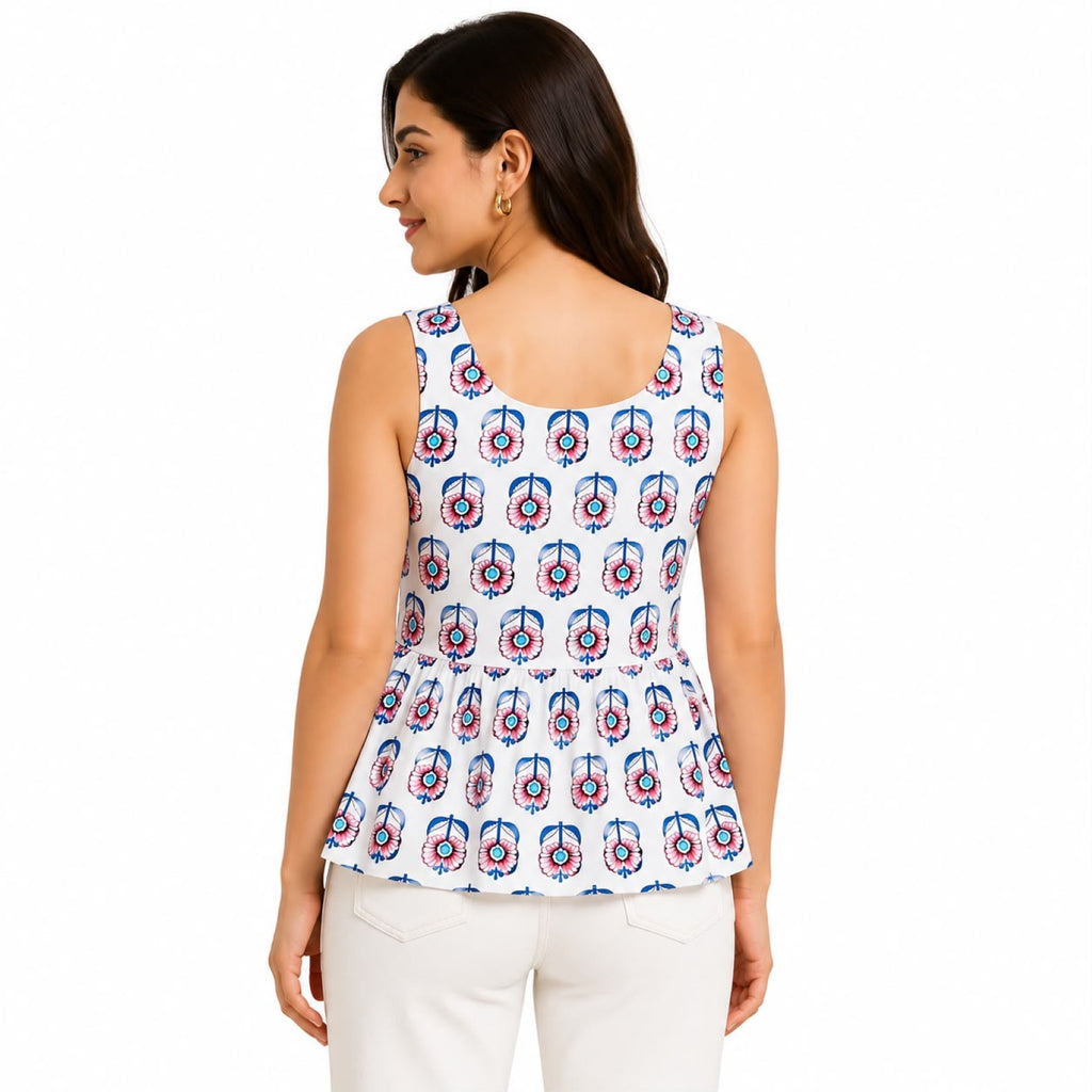 Women's Blue Printed Sleeveless Peplum Top-4